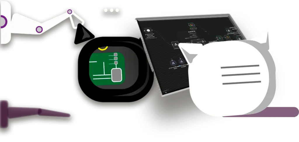 Robot automatizando procesos digitales mientras el sistema de Bitcare ejecuta flujos de trabajo con IA.